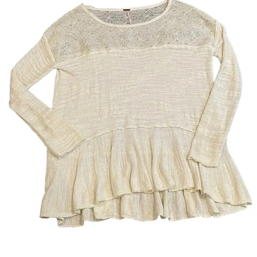 FREE PEOPLE Kristobel Ruffled Sweater, Cream, size Medium